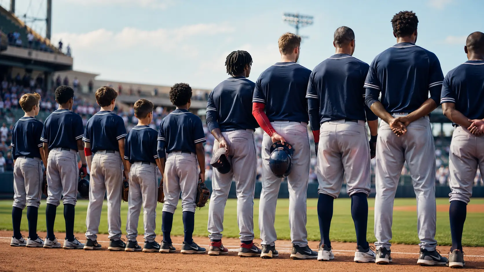 Row of youth and adult baseball players of different ages lined up before a game