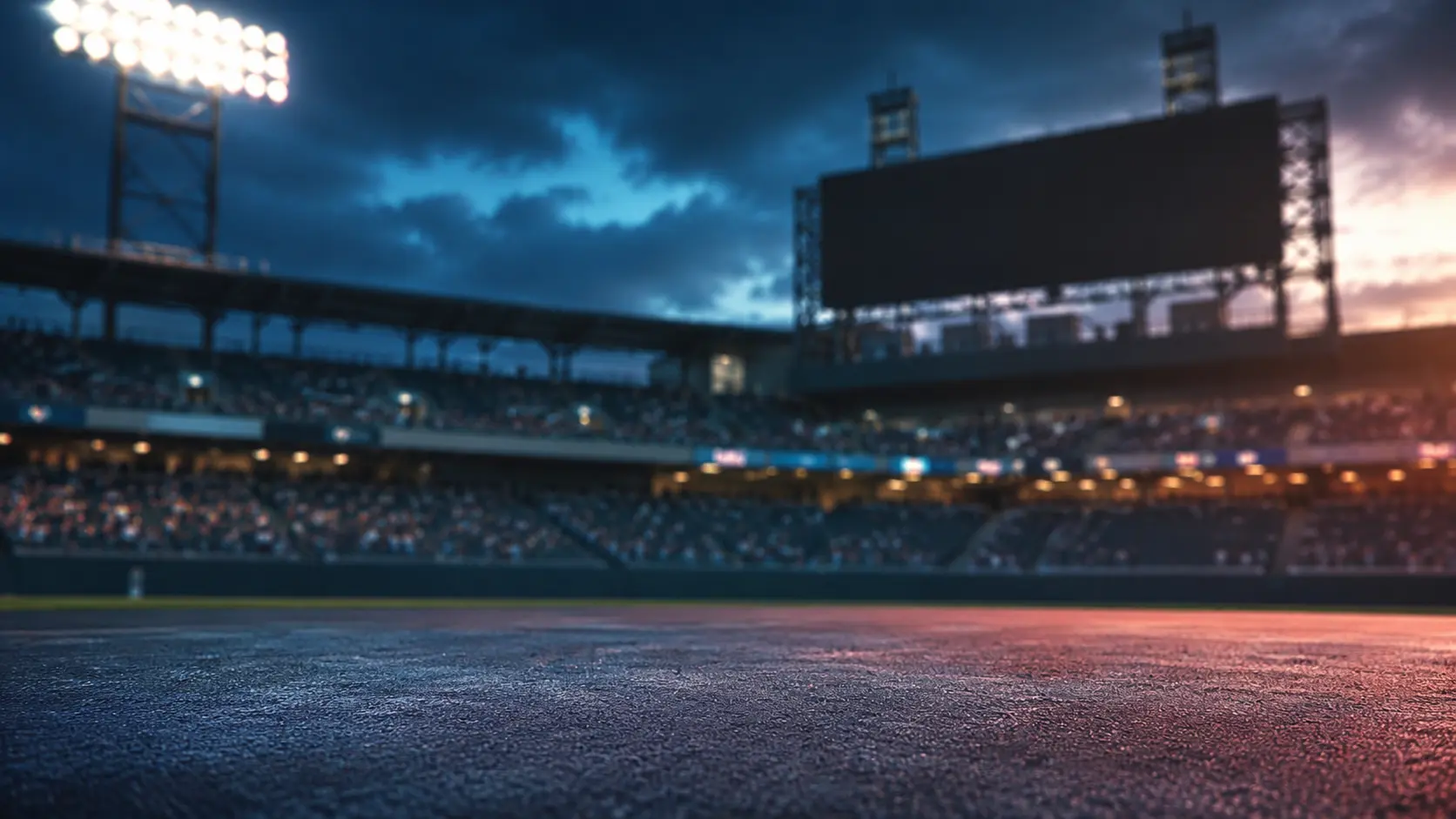 Tableau d'affichage et gradins d'un stade de baseball au crépuscule