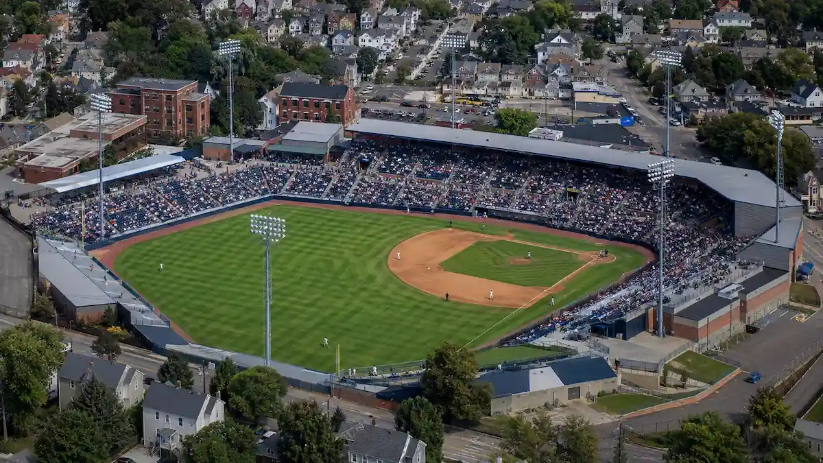 Elevated view of a small-city baseball stadium surrounded by a residential neighbourhood